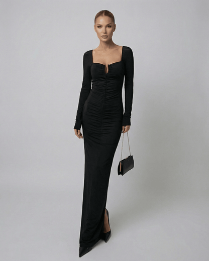 SLIMONA Orion Maxi Dress - Long Sleeve Square Neck Black Dress with High-Waist Silhouette