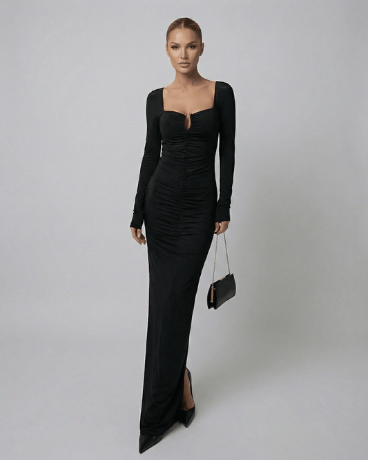 SLIMONA Orion Maxi Dress - Long Sleeve Square Neck Black Dress with High-Waist Silhouette