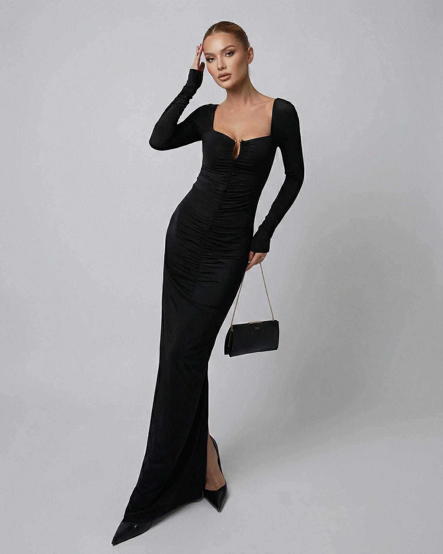 Orion Maxi Dress by SLIMONA - Long Sleeve Square Neck Black Maxi Dress with Sculpted High-Waist Silhouette