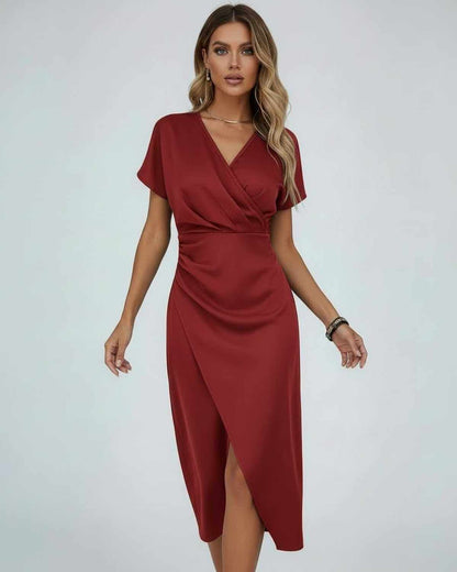 Orion Midi Dress by Lauven - Luxurious deep red wrap dress with V-neckline and front slit for elegant occasions.
