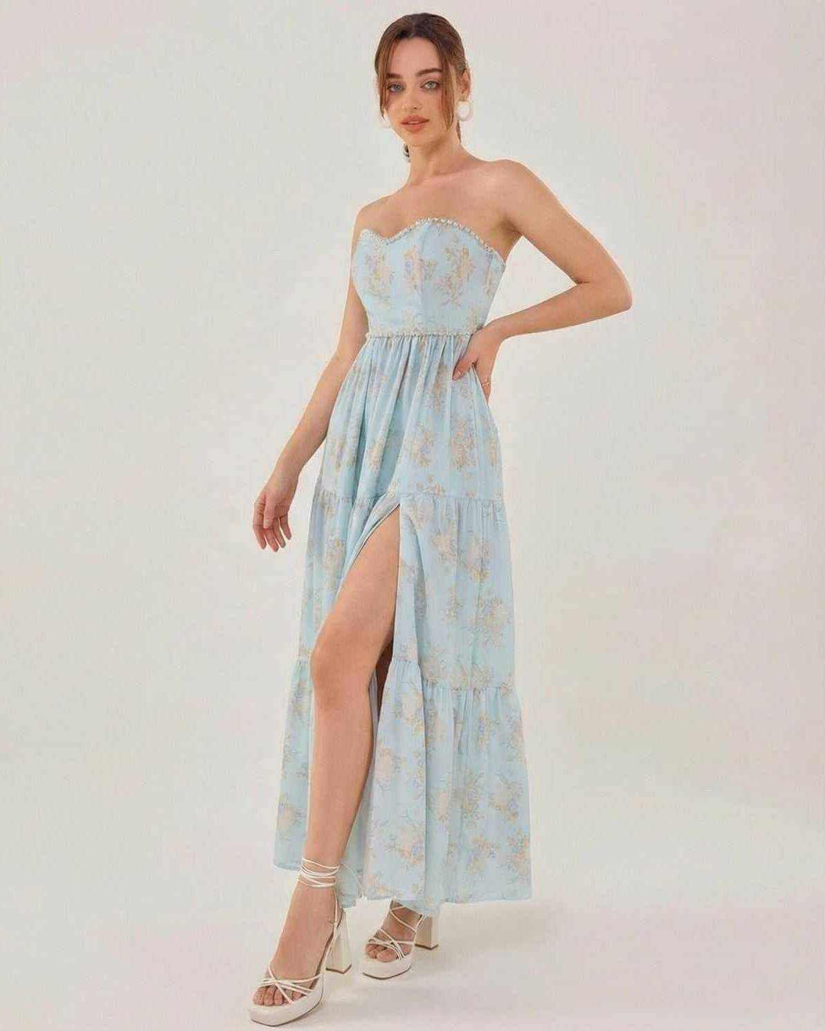 Orion Midi Dress by Lauven - Elegant strapless dress with slit, ideal for summer evenings and special events.