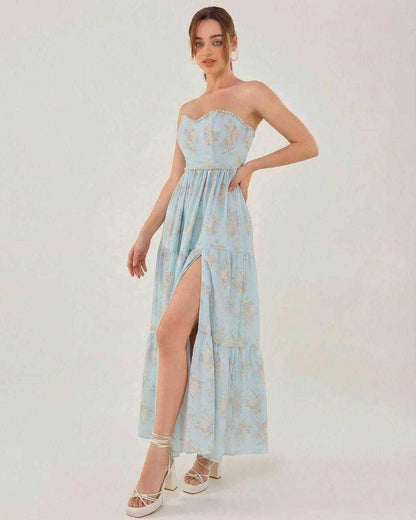 Orion Midi Dress by Lauven - Elegant strapless dress with slit, ideal for summer evenings and special events.