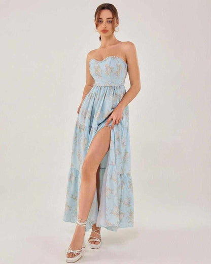 Orion Midi Dress by Lauven, elegant strapless dress with a daring slit, perfect for summer evenings.