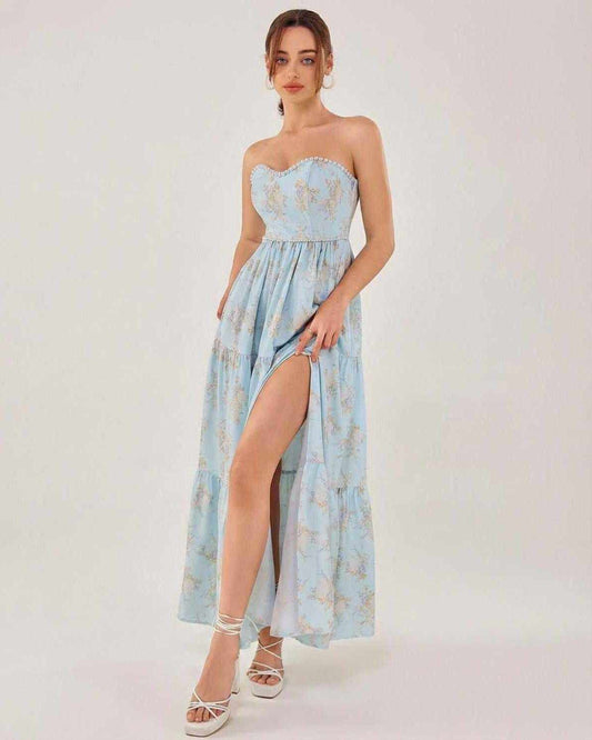 Orion Midi Dress by Lauven, elegant strapless dress with a daring slit, perfect for summer evenings.