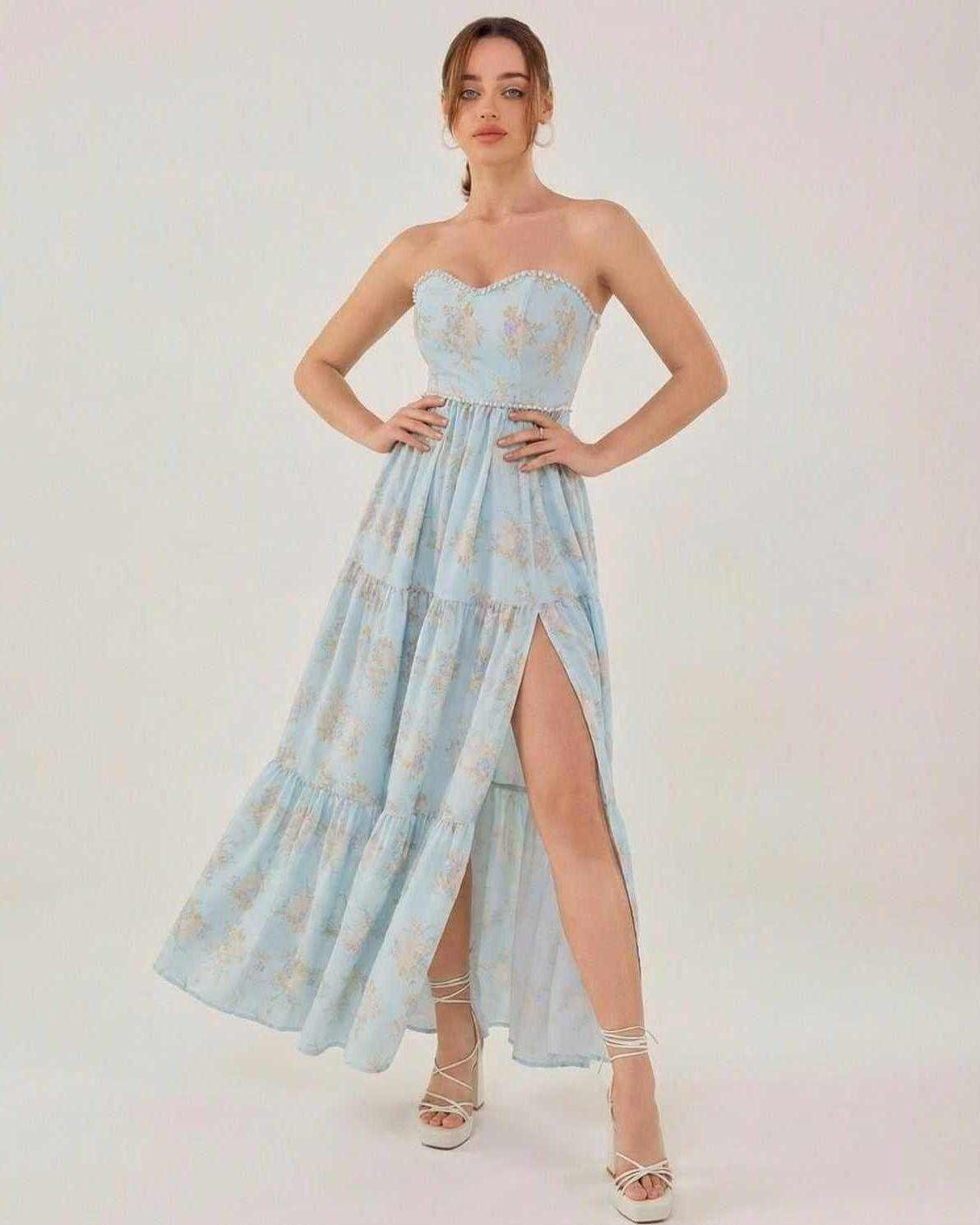 Orion Midi Dress by Lauven, elegant strapless design with a daring slit, perfect for summer evening events.