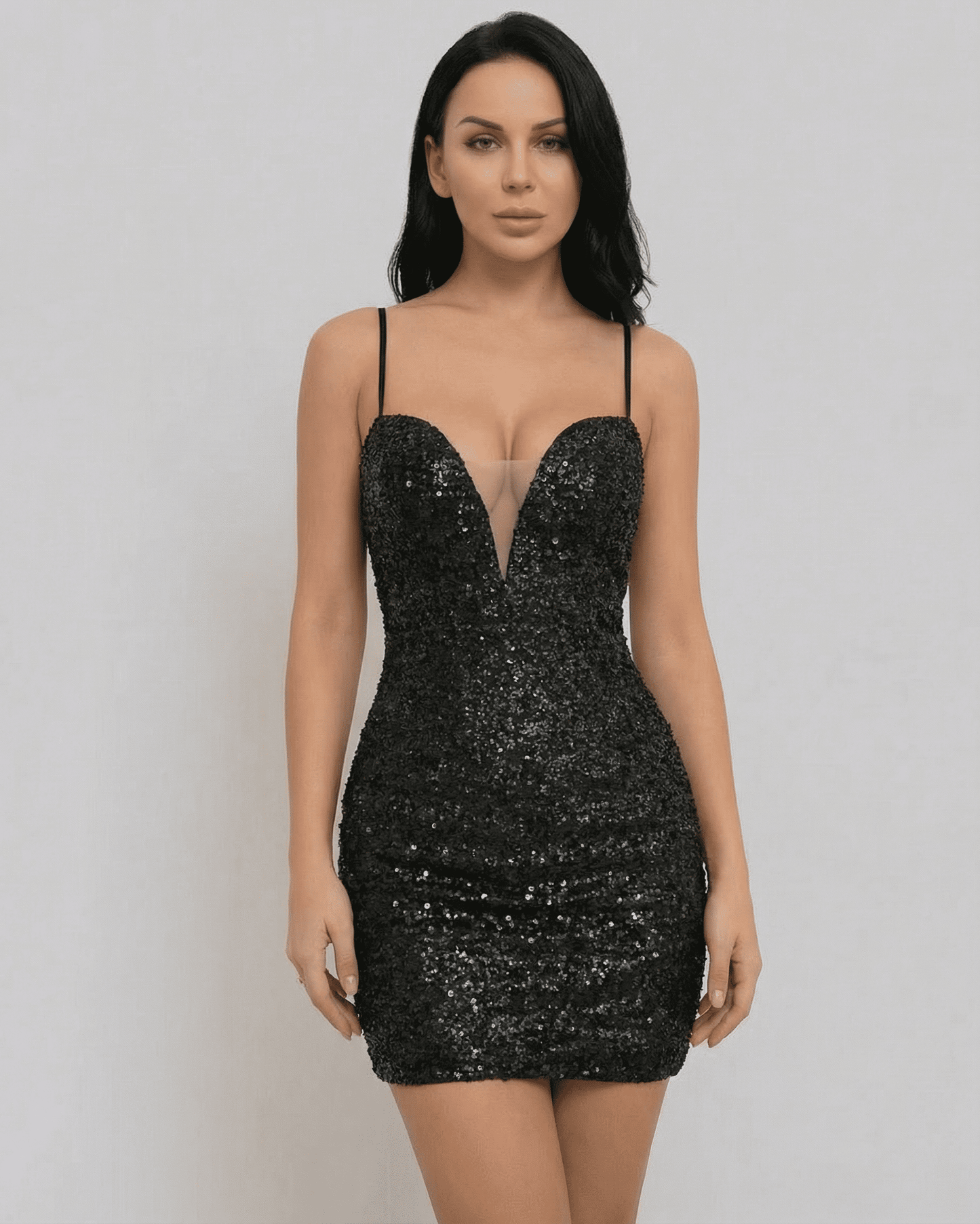 Orion Mini Dress by SLIMONA, elegant black sequin V-neck mini dress with lace-up back silhouette.