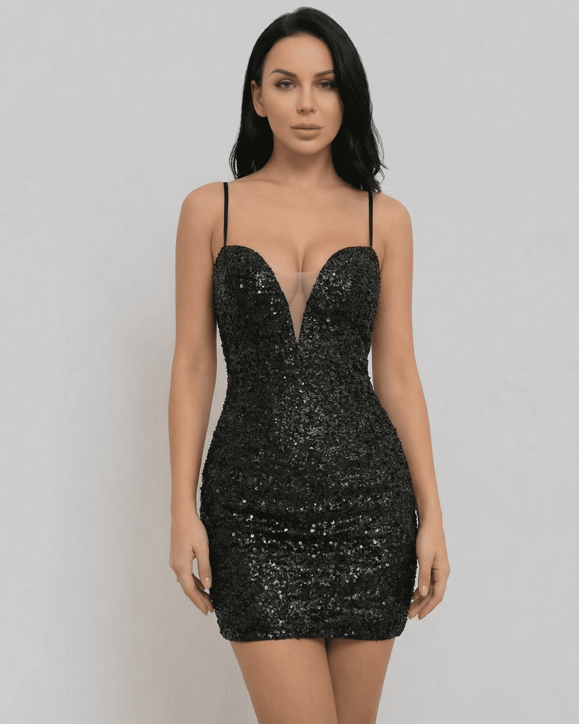 Orion Mini Dress by SLIMONA, elegant black sequin V-neck mini dress with lace-up back silhouette.