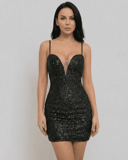 Orion Mini Dress by SLIMONA, elegant black sequin V-neck mini dress with lace-up back silhouette.