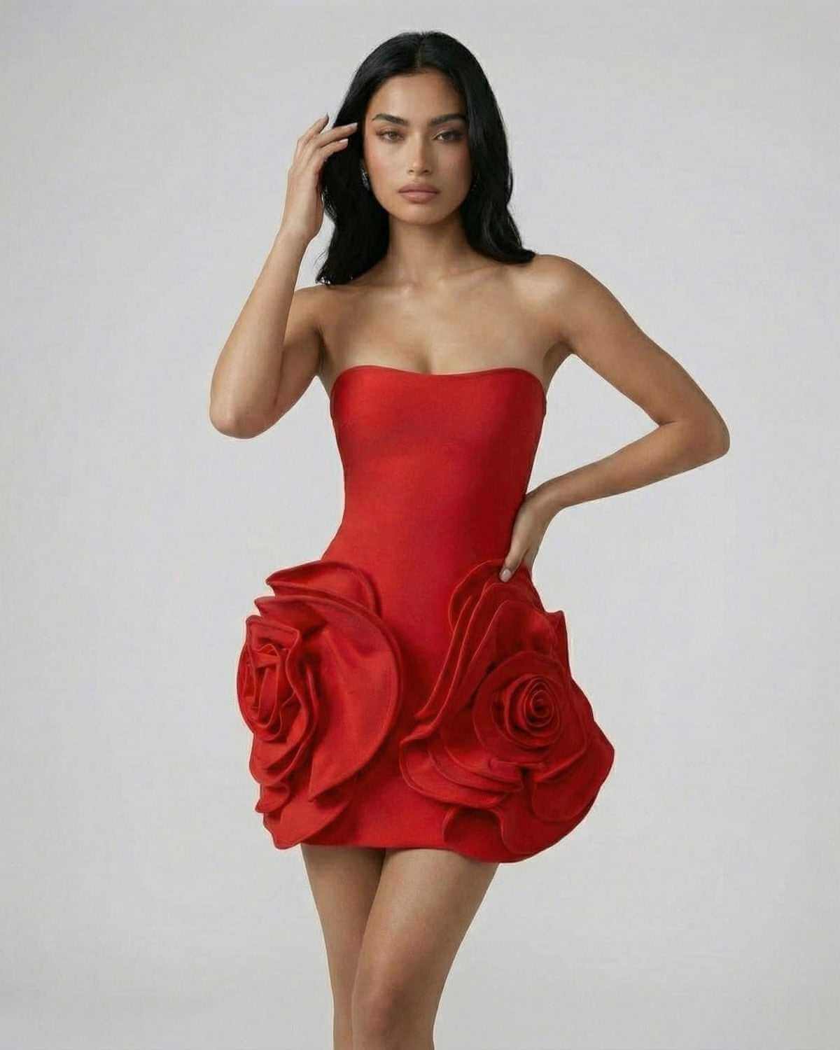 Orion Mini Dress by Lauven - Elegant strapless sheath with 3D floral accents in vibrant red.
