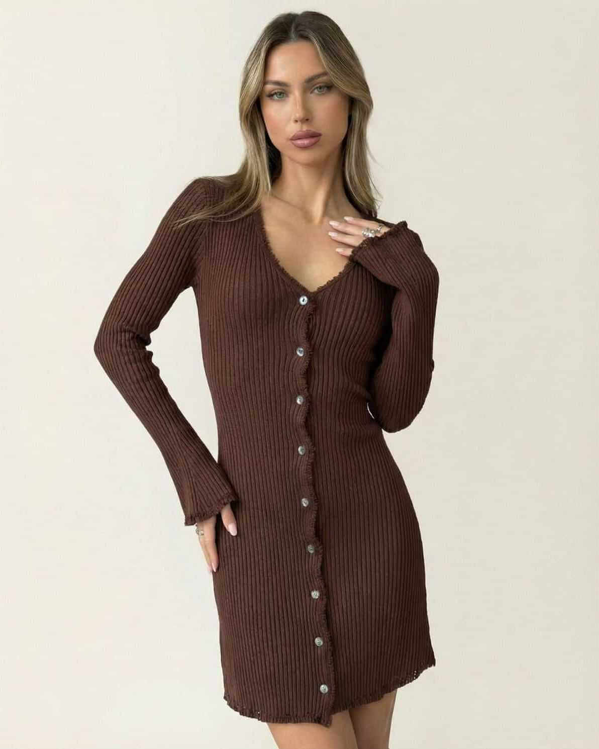 Orion Mini Dress by Lauven, ribbed bodycon in deep chocolate with flare sleeves and button details.