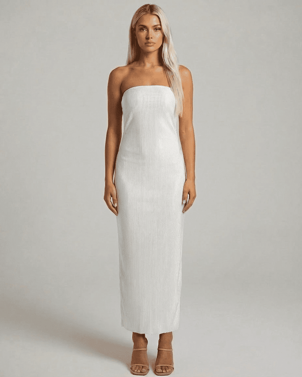 SLIMONA Pearl Maxi Dress in elegant strapless tube silhouette with subtle ruched texture.