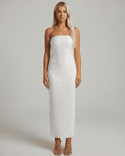 SLIMONA Pearl Maxi Dress in elegant strapless tube silhouette with subtle ruched texture.