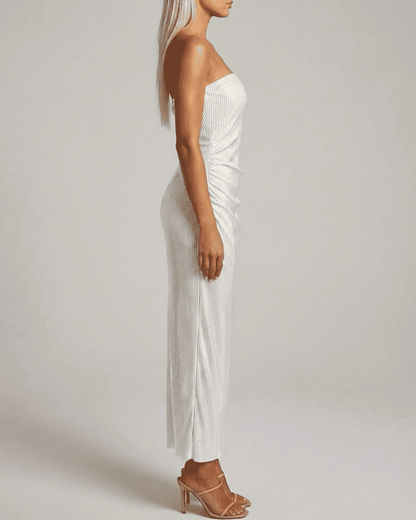 Pearl Maxi Dress by SLIMONA - Elegant strapless tube silhouette with subtle ruched texture, ankle-length design.