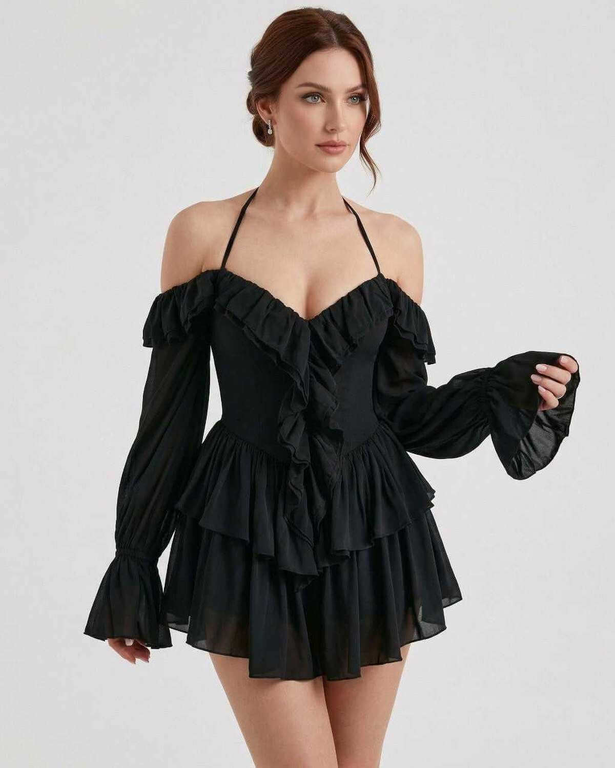 Ravelle Mini Dress by Lauven - Black halter ruffle mini dress with sheer sleeves, showcasing a flattering silhouette.