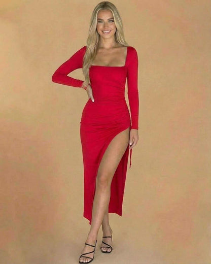 Ravenna Midi Dress by SLIMONA - Square Neck Long Sleeve Red Bodycon Dress with Slit for a stunning silhouette.