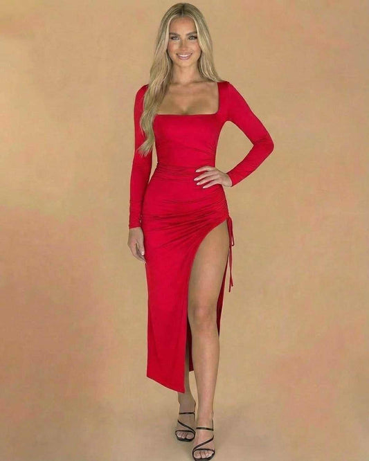 Ravenna Midi Dress by SLIMONA - Square Neck Long Sleeve Red Bodycon Dress with Slit, showcasing elegance and style.