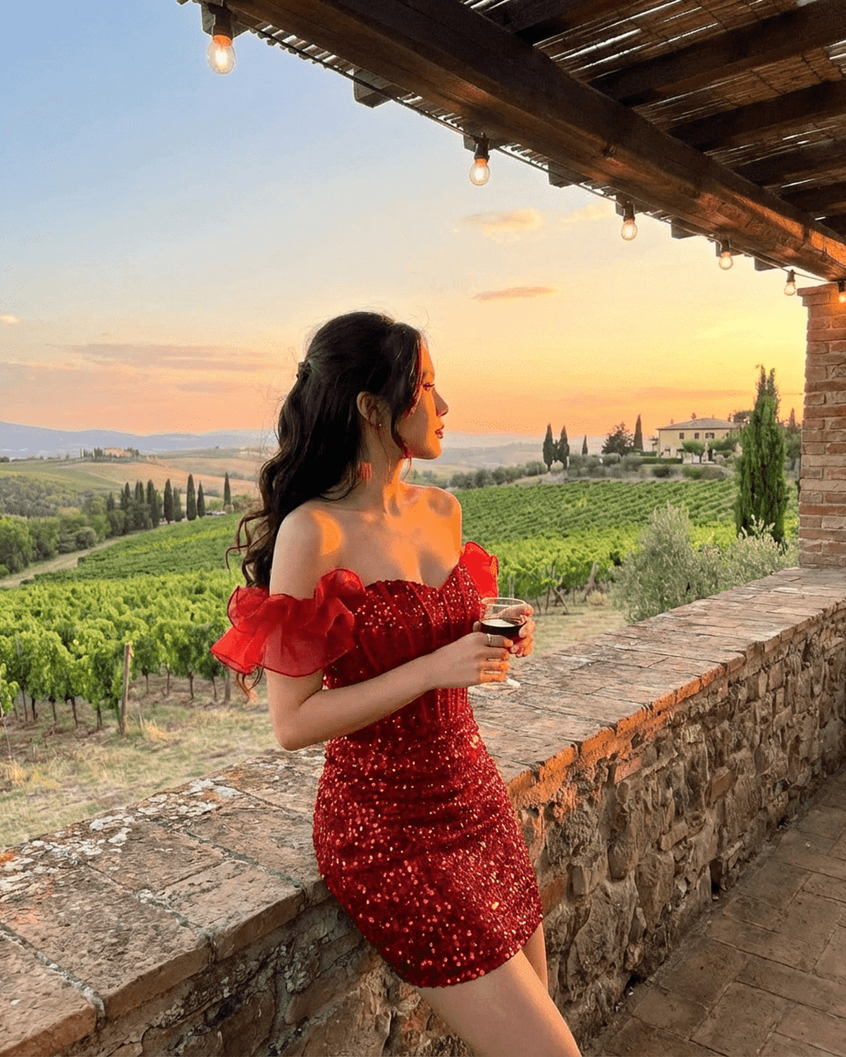 Scarlett Mini Dress by SLIMONA, red sequin off-the-shoulder bodycon with ruffle detail, outdoors at sunset.