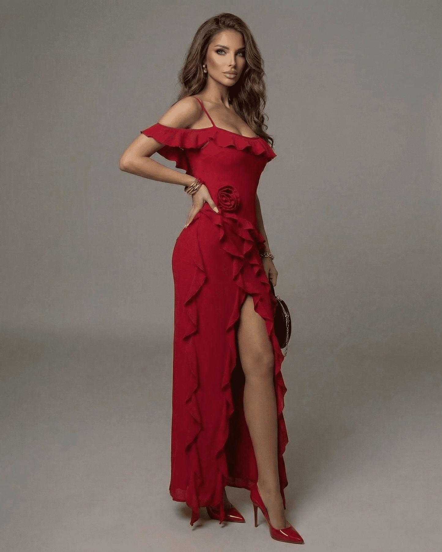 Rosalia Maxi Dress by SLIMONA, a stunning red ankle-length dress with off-shoulder and ruffle details.