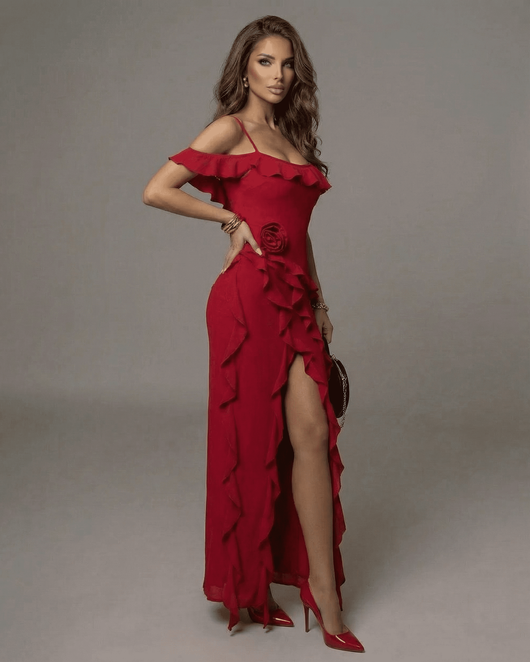 Rosalia Maxi Dress by SLIMONA, a stunning red ankle-length dress with off-shoulder and ruffle details.