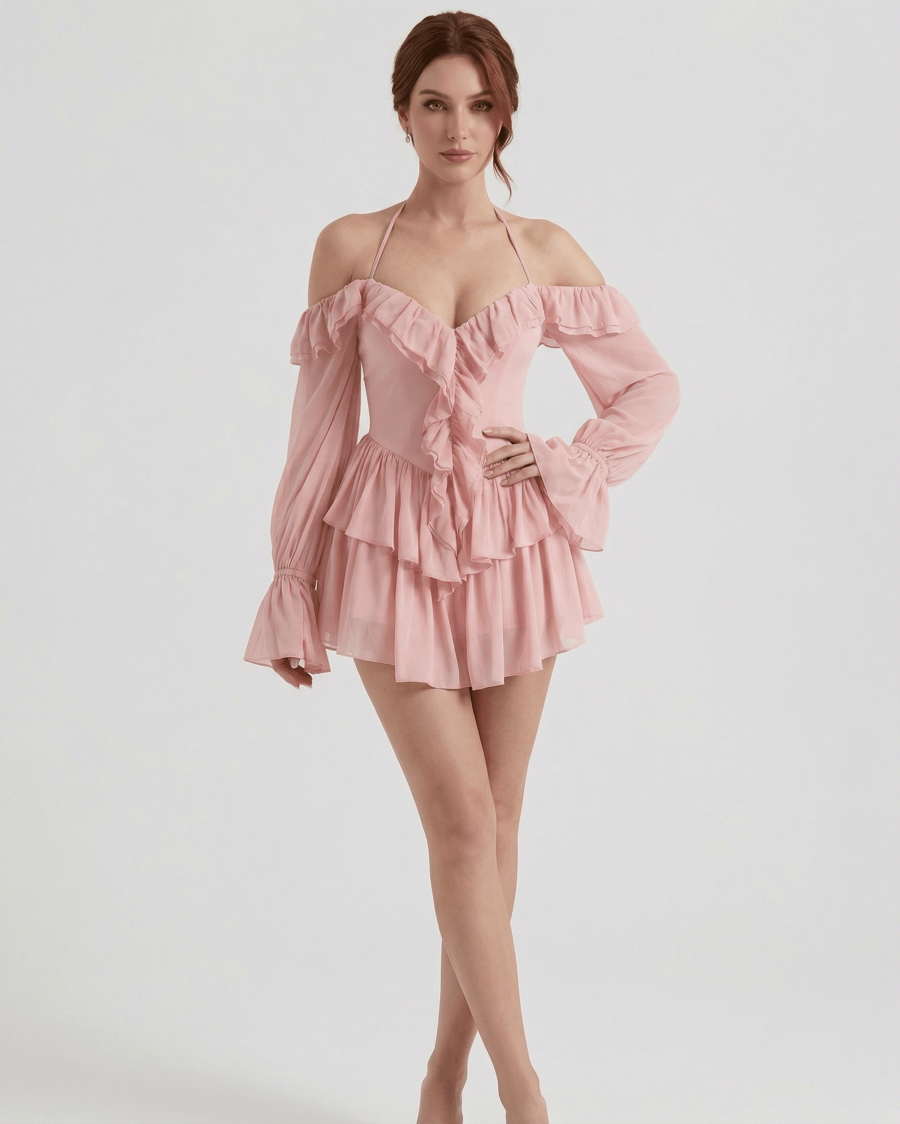 Roselle Mini Dress by Lauven - Pink Ruffle Halter Mini Dress with Sheer Sleeves and Off-Shoulder Design.