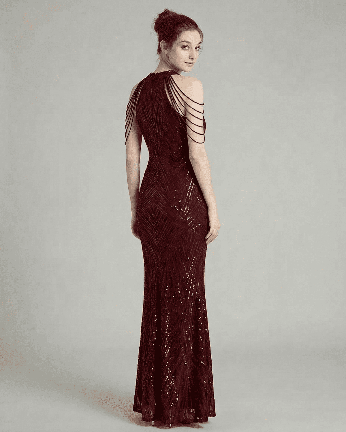 Ruby Maxi Dress by SLIMONA in deep red with sequin details and elegant halter neckline, showcasing a mermaid silhouette.