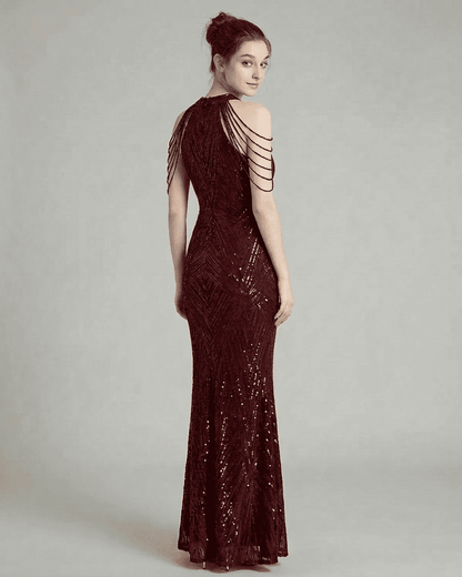 Ruby Maxi Dress by SLIMONA in deep red with sequin details and elegant halter neckline, showcasing a mermaid silhouette.