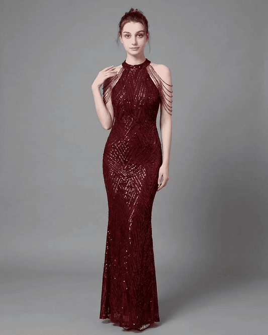 Ruby Maxi Dress by SLIMONA, glamorous sequin halter mermaid gown in deep red velvet, elegant and shimmering.