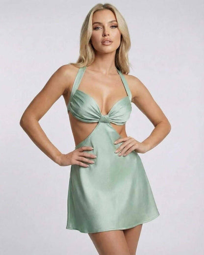 Sage Mini Dress by Lauven features elegant satin, halter neck, and cut-out detail, in a chic sage green shade.