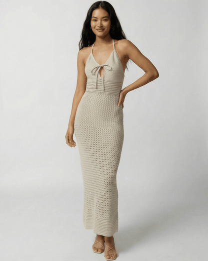 Sahara Maxi Dress by Lauven, crochet halter neck design featuring open-knit detail and ankle-length fit.