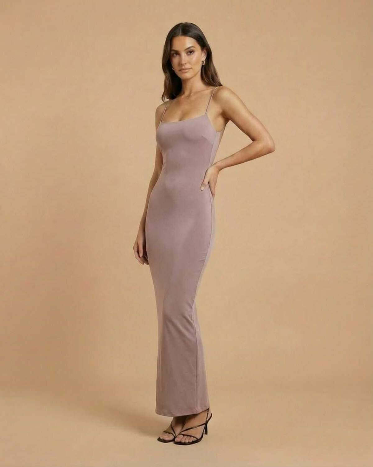 Sahara Maxi Dress by SLIMONA, taupe backless maxi dress with spaghetti straps for modern elegance.