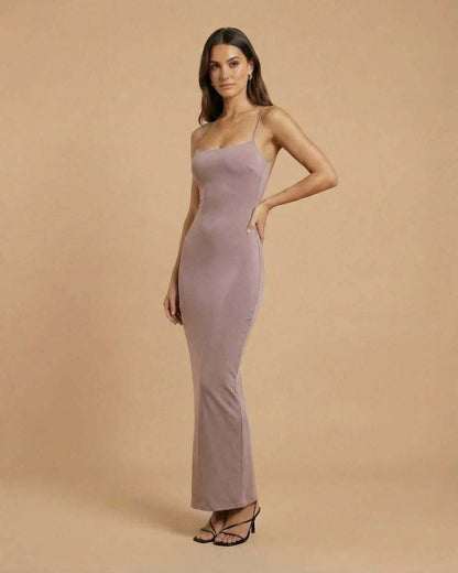 Sahara Maxi Dress by SLIMONA, taupe backless maxi dress with spaghetti straps for modern elegance.