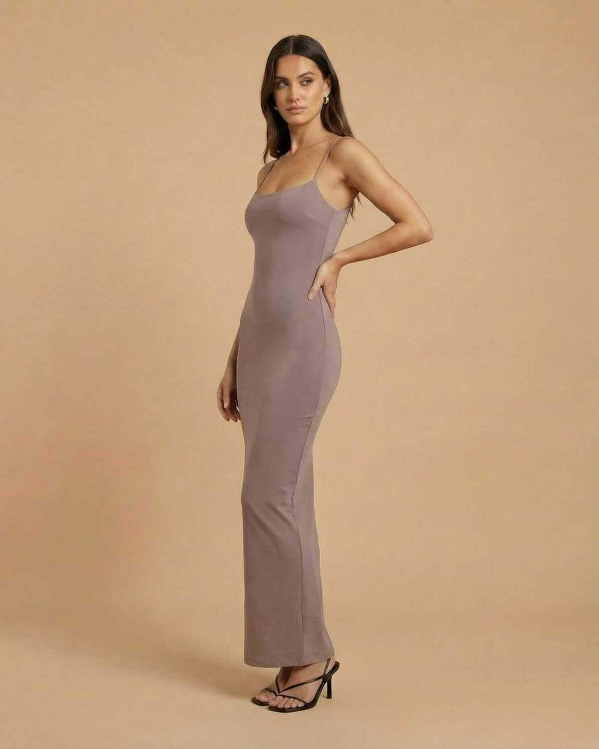 Sahara Maxi Dress by SLIMONA, taupe backless maxi dress with spaghetti straps, perfect for elegant occasions.