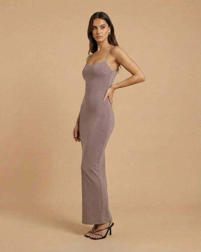Sahara Maxi Dress by SLIMONA, taupe backless maxi dress with spaghetti straps, perfect for elegant occasions.