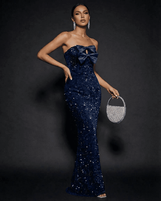 Sapphire Maxi Dress by SLIMONA - Strapless bow sequin party dress, elegant and glamorous evening wear.