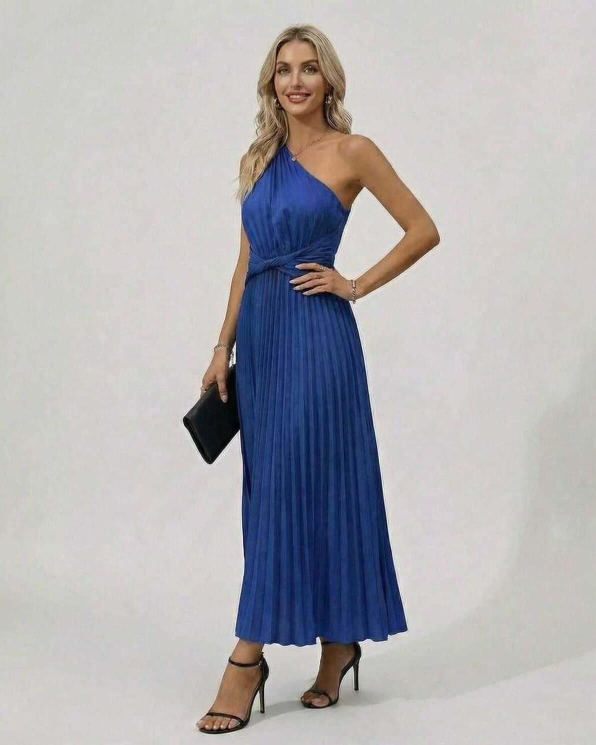 Sapphire Midi Dress by Lauven, one-shoulder twist front, pleated hem in elegant blue, perfect for evening occasions.