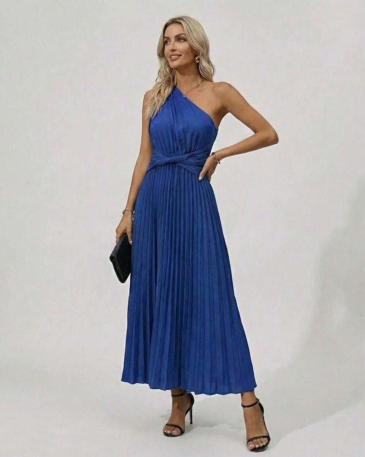 Sapphire Midi Dress by Lauven - Blue One Shoulder Twist Front with Pleated Hem for a sophisticated evening look.
