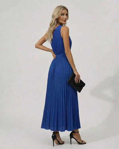 Sapphire Midi Dress by Lauven, blue pleated design showcasing a stylish one-shoulder back view.