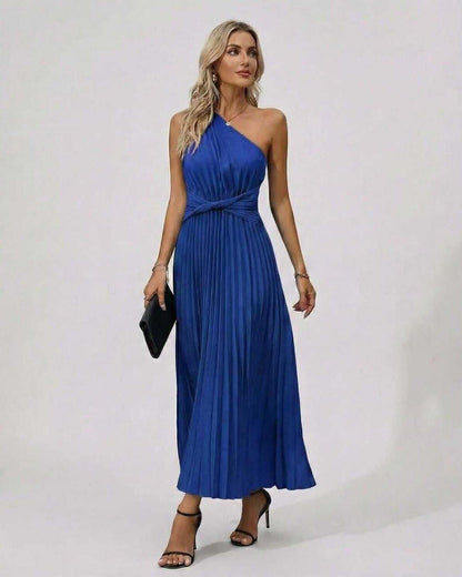 Sapphire Midi Dress by Lauven, showcasing a one-shoulder design with pleated hem in elegant blue.