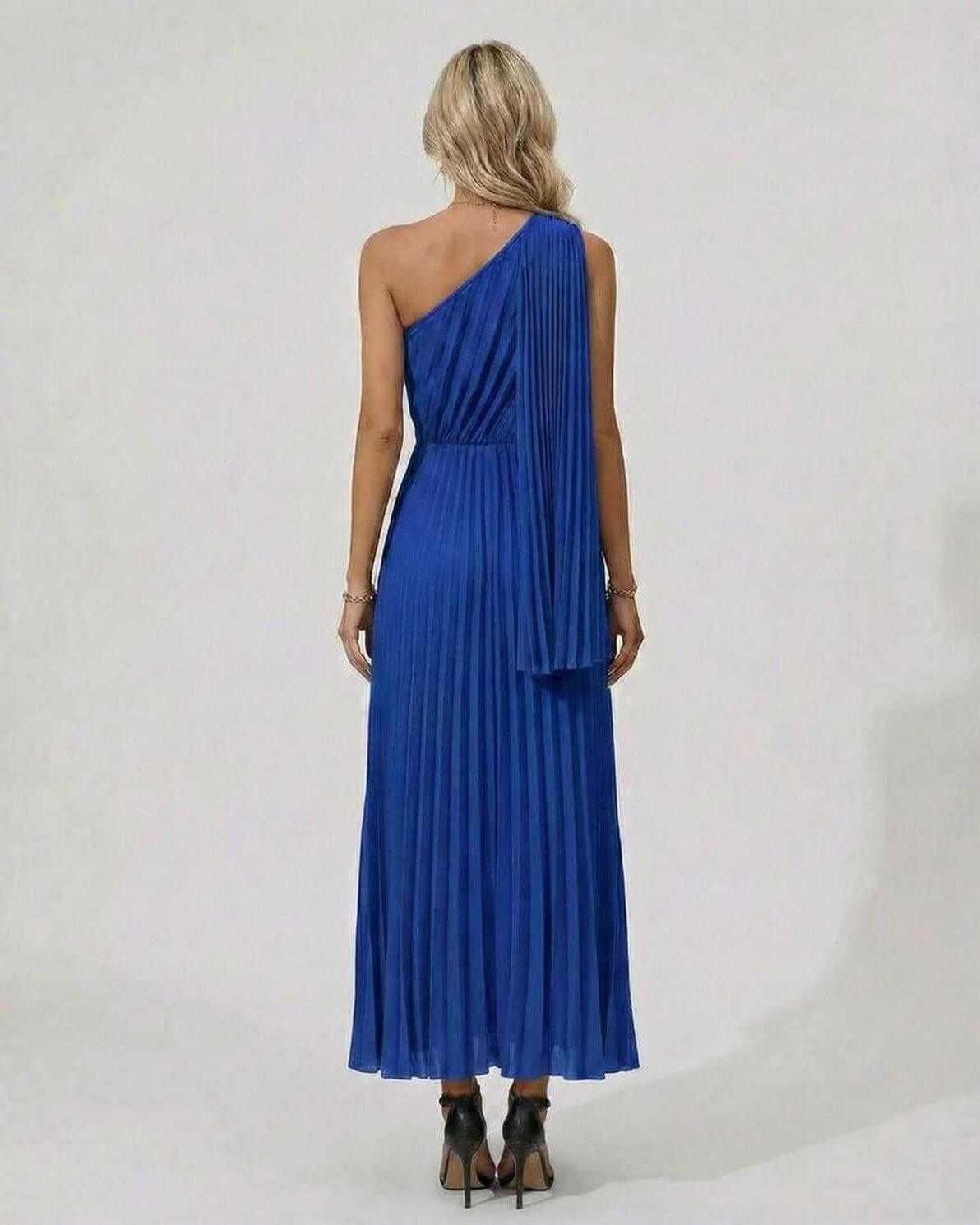 Sapphire Midi Dress by Lauven, showing a one-shoulder design and pleated hem in vibrant blue.