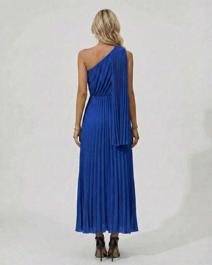 Sapphire Midi Dress by Lauven, showing a one-shoulder design and pleated hem in vibrant blue.