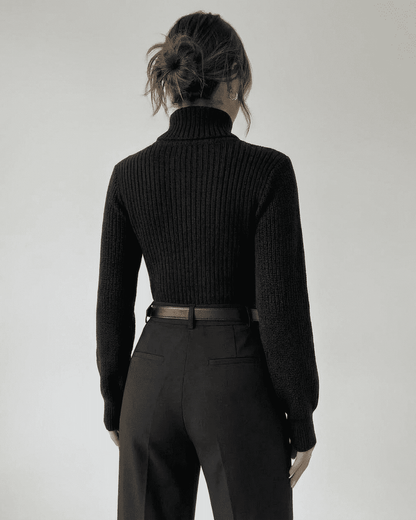 Back view of Sarina Sweater by SLIMONA, featuring a chic mock neck and slim fit design in black.