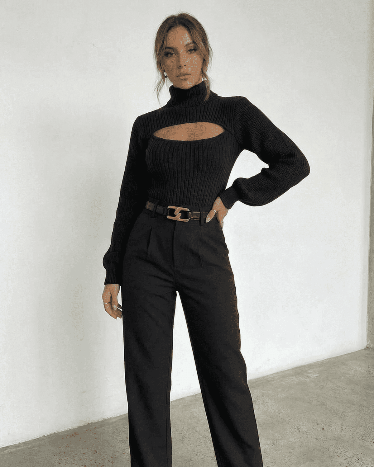 Sarina Sweater by SLIMONA - Chic hollow out mock neck slim fit sweater in black, perfect for modern elegance.