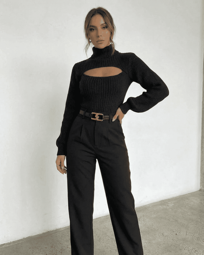 Sarina Sweater by SLIMONA - Chic hollow out mock neck slim fit sweater in black, perfect for modern elegance.