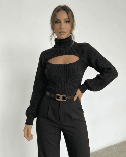 Sarina Sweater by SLIMONA - Chic black mock neck sweater with hollow out design and slim fit style.