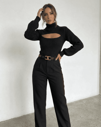 Sarina Sweater by SLIMONA - Chic hollow out mock neck black slim fit sweater for modern elegance.