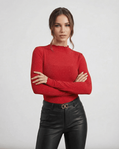 Scarlet Blouse by SLIMONA - Long sleeve red blouse with round neck and subtle sequin details, perfect for any occasion.