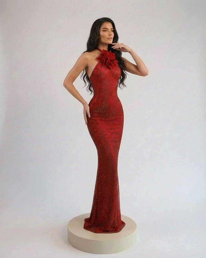 Scarlet Maxi Dress by SLIMONA featuring a stunning halter neck and floral detail in a rich red tone.