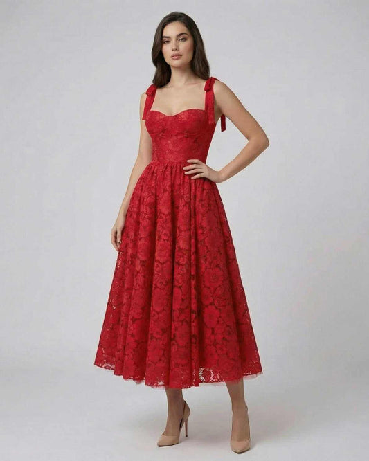Scarlet Midi Dress by Lauven, a lace A-line dress with a sculpted bodice for elegant summer events.