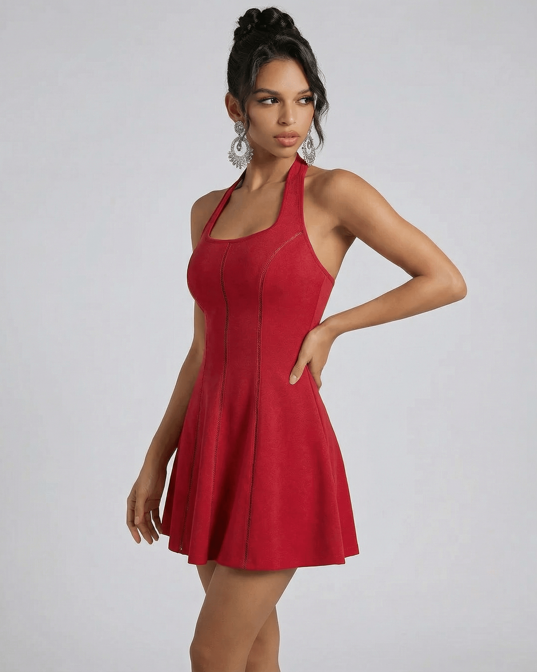 Scarlet Mini Dress by SLIMONA, showcasing a red flared silhouette and smooth finish, perfect for elegant occasions.
