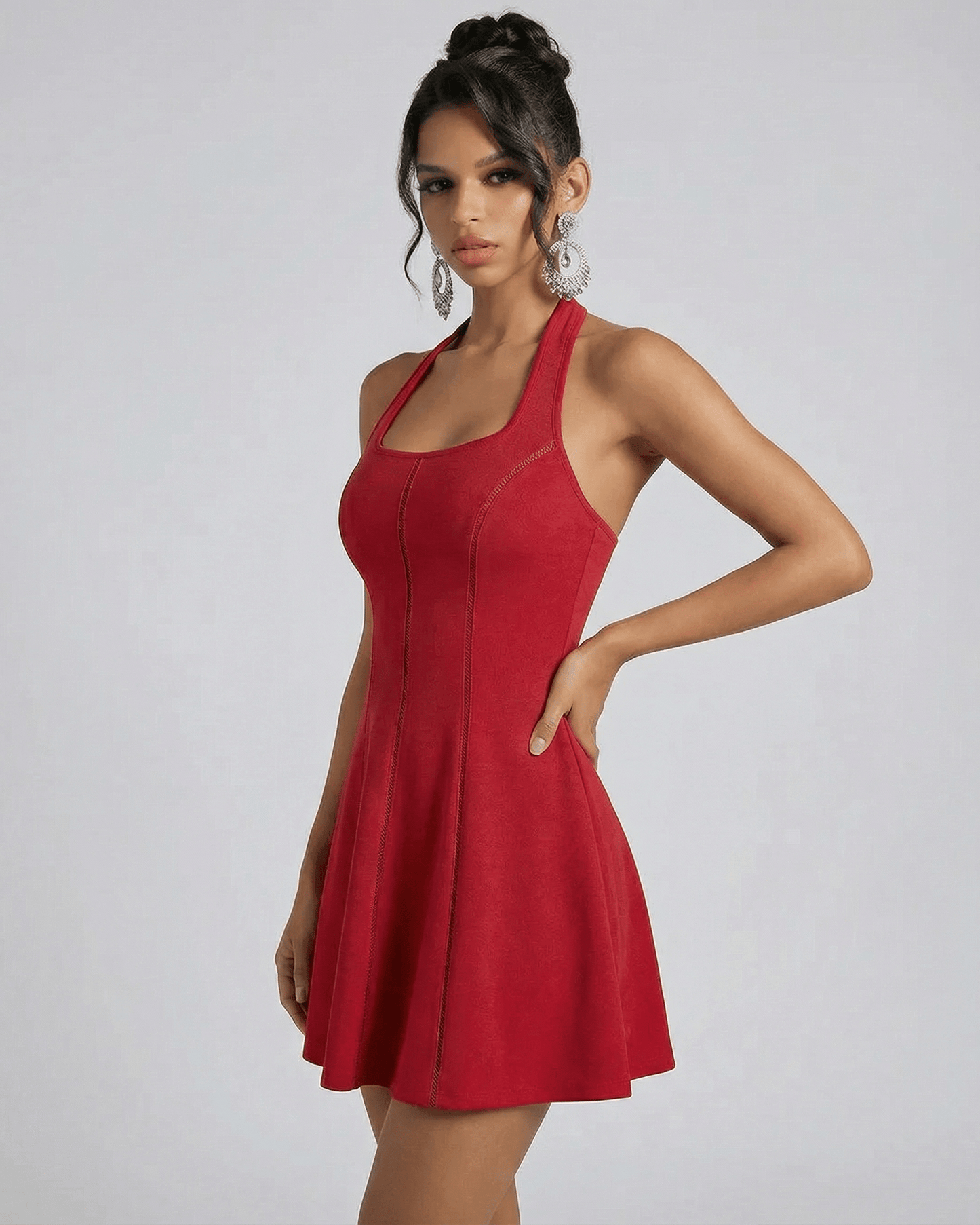 Scarlet Mini Dress by SLIMONA, showcasing a red flared silhouette and U-neckline for an elevated look.